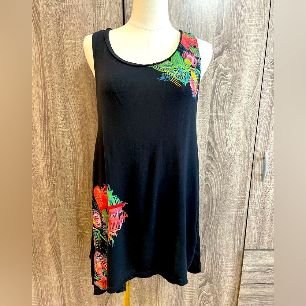 DESIGUAL Flowy Black Designer Dress Tunic Top with Floral Accents. Size S - Picture 2 of 9